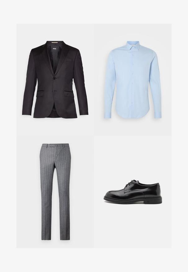 Chaqueta de traje negra a medida con cierre de un solo botón, solapas con muesca, dos bolsillos delanteros y una textura suave. Interior forrado con etiqueta de la marca.; Camisa de manga larga azul claro con botones, de corte clásico y dobladillo redondeado, con botones nacarados. Tejido de algodón suave, ajuste entallado.; Pantalones a rayas gris claro hechos de una tela texturizada, que presentan un diseño clásico, un corte recto y dos bolsillos frontales.; Zapato de vestir de cuero negro con un acabado suave, punta redondeada y cordones. Cuenta con una suela negra gruesa y un sutil detalle de costura a lo largo del borde.