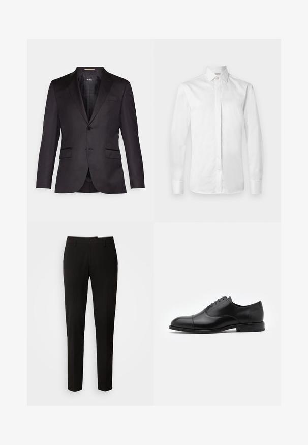 Zwarte op maat gemaakte blazer met een enkele knoopsluiting, gelomde revers, twee voorkezen en een gladde textuur. Gevoerde binnenkant met merketiket.; Witte lange mouwen shirt van gladde katoen met een puntige kraag, een knopenlijst en knopenmanchetten, met een frisse, schone uitstraling.; Zwarte broek met een rechte pijpontwerp, voorzien van een knoopsluiting, riemlussen en een gladde stoftextuur. Geen zichtbare patronen of accenten.; Zwarte leren dresschoenen met een ronde neus, vetersluiting en subtiele stikseldetails. Voorzien van een lage hak en een gladde textuur.