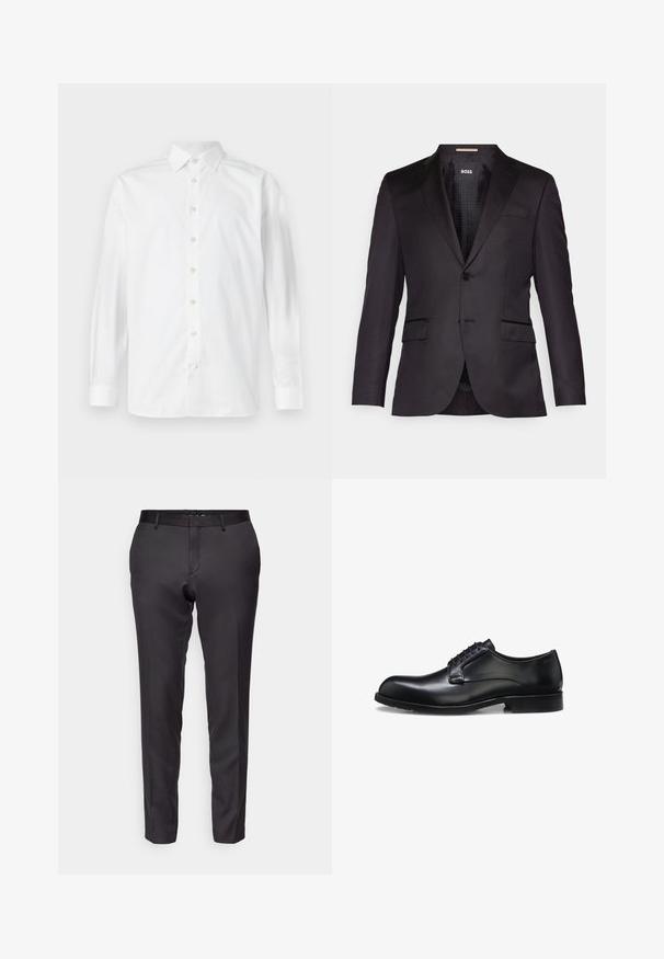 Zwarte op maat gemaakte blazer met een enkele knoopsluiting, gelomde revers, twee voorkezen en een gladde textuur. Gevoerde binnenkant met merketiket.; Wit overhemd met lange mouwen, knoopsluiting, spreidkraag en knoopmanchetten, weergegeven op een effen witte achtergrond.; Op maat gemaakte zwarte broek van een gladde stof, met een slim fit, rechte pijpen en een platte voorkant met ceintuurlussen.; Zwarte gepolijste leren herenschoen met gesloten vetersluiting, lage hak en subtiel merkteken nabij de hiel op een witte achtergrond.