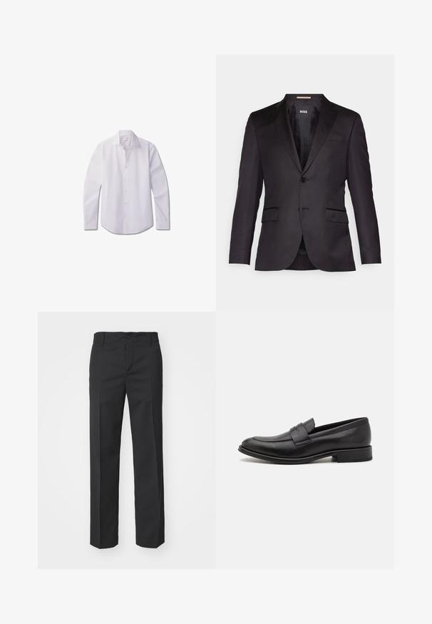 Veste de costume noire sur mesure avec une fermeture à un bouton, des revers crantés, deux poches avant et une texture lisse. Intérieur doublé avec étiquette de marque.; Chemise blanche à manches longues avec boutons, en tissu lisse, dotée d'un col classique, d'une patte de boutonnage avant et d'un ourlet arrondi.; Filippa K TROY TROUSERS - Pantalon classique - black; Mocassin en cuir noir avec une finition lisse, une sangle décorative sur le dessus, un bout rond et un petit talon empilé.