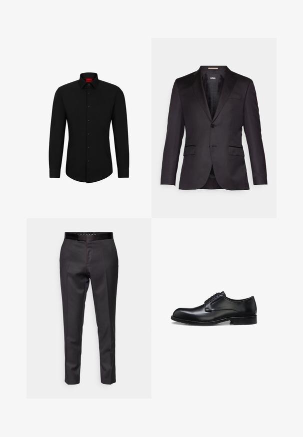 Zwarte op maat gemaakte blazer met een enkele knoopsluiting, gelomde revers, twee voorkezen en een gladde textuur. Gevoerde binnenkant met merketiket.; Zwarte blouse met lange mouwen, knoopsluiting aan de voorkant, klassieke kraag en ronde onderkant; voorzien van zwarte knopen en een rood logo binnenin de kraag.; Op maat gemaakte zwarte broek met een gladde textuur, taps toelopende pijpen en een slanke tailleband. Heeft voorplooien en een minimalistisch ontwerp.; Zwarte gepolijste leren herenschoen met gesloten vetersluiting, lage hak en subtiel merkteken nabij de hiel op een witte achtergrond.