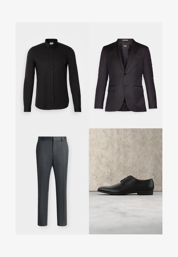 Zwarte op maat gemaakte blazer met een enkele knoopsluiting, gelomde revers, twee voorkezen en een gladde textuur. Gevoerde binnenkant met merketiket.; Zwarte langarmshirt van gladde stof, met een button-down kraag, een voorpannetje en een subtiele logo detail op de borst.; Donkergrijze formele broek met riemlussen en vouwlijnen, weergegeven op een effen lichte achtergrond.; Zwarte leren dresschoenen met een gladde afwerking, ronde neus, lage hak en vetersluiting. Bevat minimalistische accenten voor een strakke uitstraling.