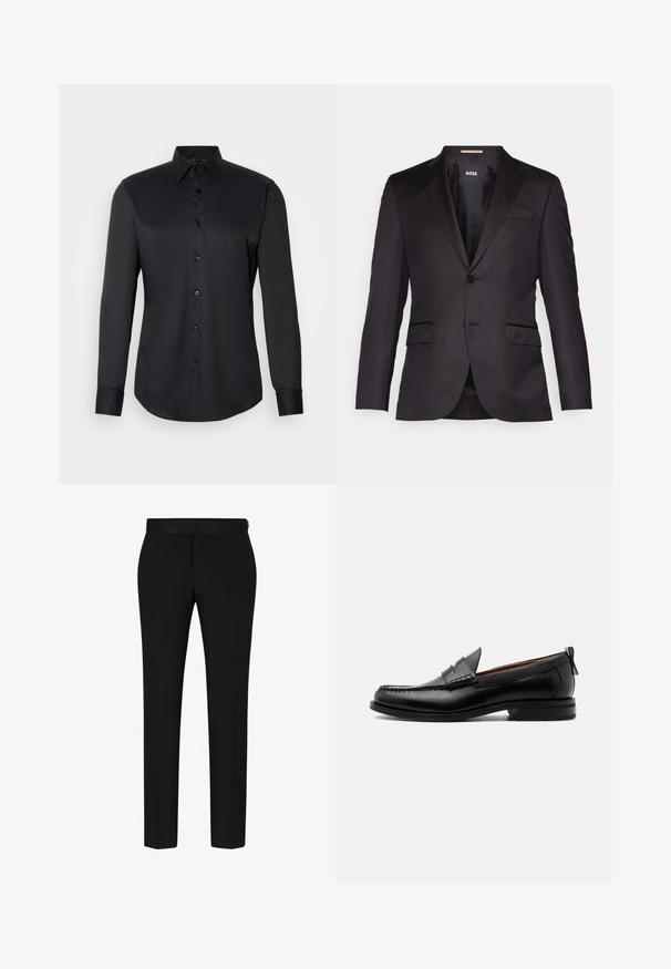 Schwarze maßgeschneiderte Anzugjacke mit einem einzigen Knopfverschluss, Reverskragen, zwei vorderen Taschen und einer glatten Textur. Gefüttertes Innenfutter mit Markenlabel.; Schwarze Hemdbluse aus glattem Stoff, mit klassischem Kragen, langen Ärmeln und Knopfverschluss auf der Vorderseite.; BOSS H GENIUS TUX 231 - Anzughose - black; Schwarzer Leder-Herrenschuh mit Mokassinnaht, Penny-Riemen, strukturiertem Kragen und niedrigem gestapeltem Absatz auf weißem Hintergrund.