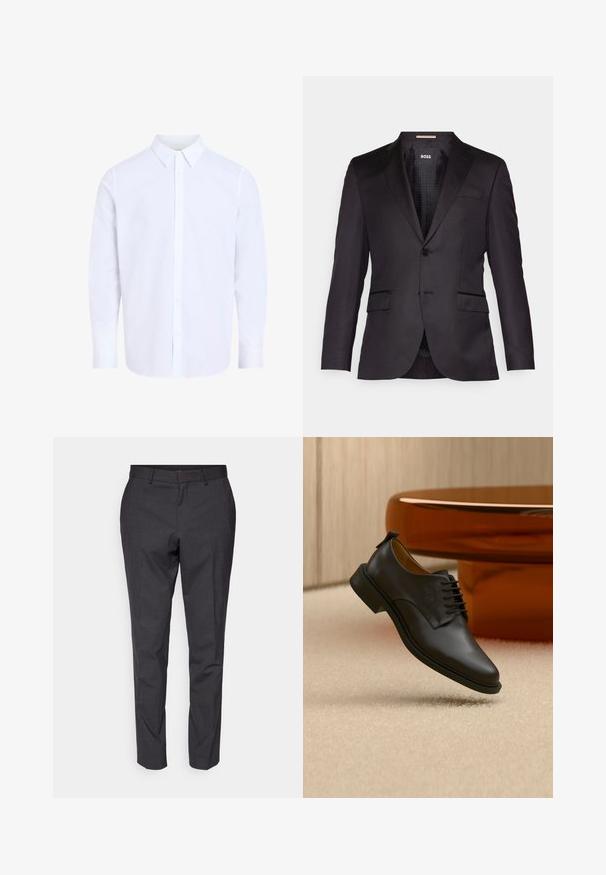 Veste de costume noire sur mesure avec une fermeture à un bouton, des revers crantés, deux poches avant et une texture lisse. Intérieur doublé avec étiquette de marque.; Chemise blanche à manches longues avec col classique, en tissu lisse, avec une patte de boutonnage devant et un ourlet arrondi.; Pantalons gris ajustés avec une texture lisse, coupe slim et jambes fuselées, dotés d'un devant plat et de passants de ceinture pour plus de détail.; Chaussure habillée pour homme en cuir noir à lacets flottant au-dessus d'un tapis beige, avec une table basse ronde marron en arrière-plan.