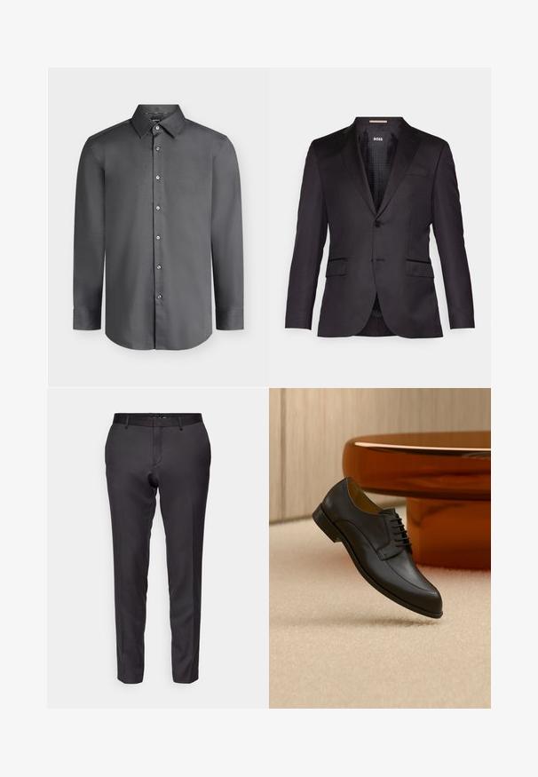 Chaqueta de traje negra a medida con cierre de un solo botón, solapas con muesca, dos bolsillos delanteros y una textura suave. Interior forrado con etiqueta de la marca.; Camisa de vestir para hombre de manga larga en gris oscuro con cuello puntiagudo y botones delanteros, mostrada sobre un fondo gris claro.; Pantalones negros a medida, confeccionados en una tela suave, con un corte ajustado, pierna recta y diseño de frente plano con trabillas para cinturón.; Zapato de vestir negro de cuero con cordones flotando sobre una alfombra beige, con una mesa redonda naranja al fondo.