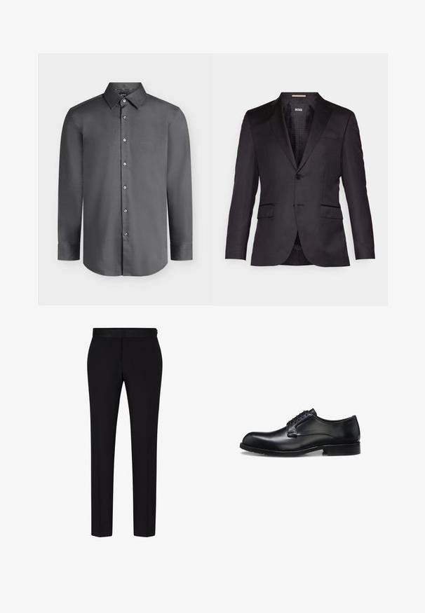 Zwarte op maat gemaakte blazer met een enkele knoopsluiting, gelomde revers, twee voorkezen en een gladde textuur. Gevoerde binnenkant met merketiket.; Donkergrijs herenoverhemd met lange mouwen, puntkraag en knopen aan de voorkant, afgebeeld op een lichtgrijze achtergrond.; BOSS H GENIUS TUX 231 - Pantalon - black; Zwarte gepolijste leren herenschoen met gesloten vetersluiting, lage hak en subtiel merkteken nabij de hiel op een witte achtergrond.