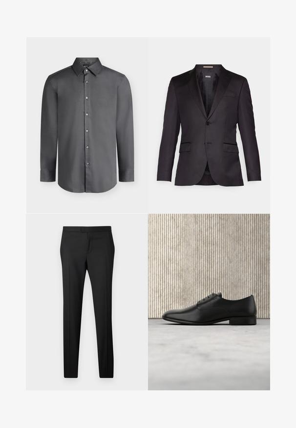 Chaqueta de traje negra a medida con cierre de un solo botón, solapas con muesca, dos bolsillos delanteros y una textura suave. Interior forrado con etiqueta de la marca.; Camisa de vestir para hombre de manga larga en gris oscuro con cuello puntiagudo y botones delanteros, mostrada sobre un fondo gris claro.; Pantalones negros ajustados de corte recto, hechos de una tela suave. Presentan un frente plano, trabillas para cinturón y sin patrones o adornos visibles.; Zapato de vestir de cuero negro con un diseño elegante, punta redonda, cinco ojales para los cordones y un pequeño tacón elevado. Detalle de logo sutilmente embossado.