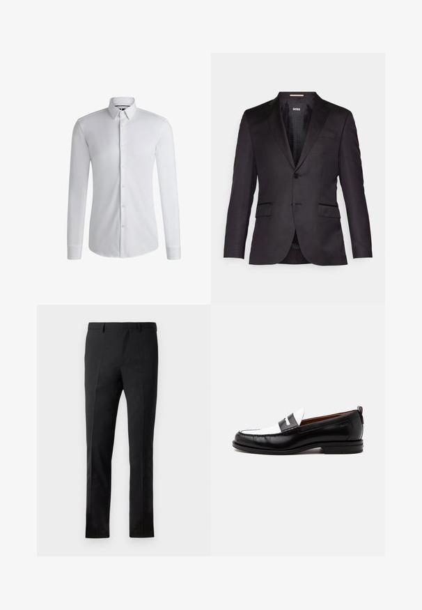Chaqueta de traje negra a medida con cierre de un solo botón, solapas con muesca, dos bolsillos delanteros y una textura suave. Interior forrado con etiqueta de la marca.; Camisa blanca de manga larga hecha de tejido suave, con un cuello abotonado y una fila de botones en la parte delantera. Diseño simple.; Pantalones negros con un corte ajustado, que presentan un frente plano, dos pliegues, pasadores para cinturón y una textura suave. Sin patrones ni accesorios visibles.; Mocasín de cuero blanco y negro con detalles cosidos, tacón bajo y diseño tipo slip-on, mostrado de lado sobre un fondo liso.