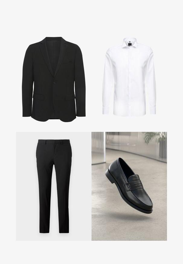 Schwarzer Blazer aus glattem Stoff. Verfügt über schmale Revers, einen einreihigen Knopfverschluss, zwei Fronttaschen und eine schmale Passform.; Weißes Hemd mit langem Arm aus glatter Baumwolle. Verfügt über einen spitzen Kragen, eine vertikale Knopfleiste und Standardmanschetten mit Knopfakzenten.; Maßgeschneiderte schwarze Hose aus glattem Stoff. Sie verfügt über ein gerades Bein, Vorderfalten und Gürtelschlaufen für eine anpassbare Größe.; Schwarzer Lederloafer mit glatter Textur, spitzer Zehe und einem dekorativen Riemen über dem Rist. Leichte Sohle, minimalistisches Design.