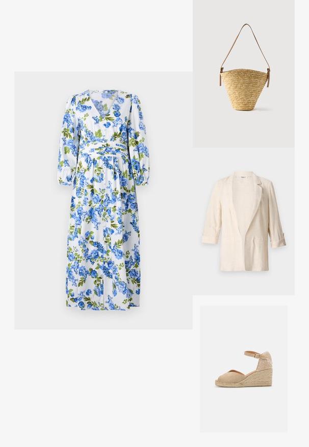 Blazer en lin beige clair avec une coupe décontractée, des revers crantés, des manches trois-quarts et deux poches avant, présentant une finition texturée.; Robe maxi florale avec un fond blanc ornée de motifs de fleurs bleues et vertes, décolleté en V, manches bouffantes longues et taille cintrée.; Castañer BIANCA - Espadrilles - sand; Sac seau en paille tissée avec une base large, un sommet étroit et une bandoulière en cuir marron ajustable.