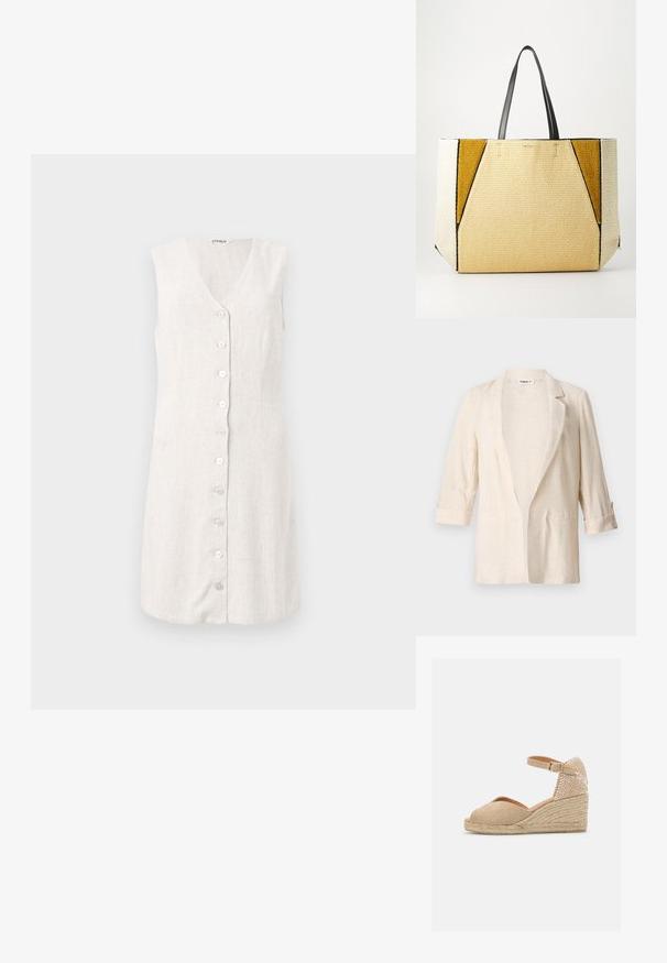 Blazer en lin beige clair avec une coupe décontractée, des revers crantés, des manches trois-quarts et deux poches avant, présentant une finition texturée.; Robe sans manches en lin couleur beige clair, avec un décolleté en V et une fermeture à boutons à l'avant comportant six boutons ronds clairs. Design simple et droit.; Castañer BIANCA - Espadrilles - sand; Ted Baker COLLAPSIBLE LARGE - Cabas - natural
