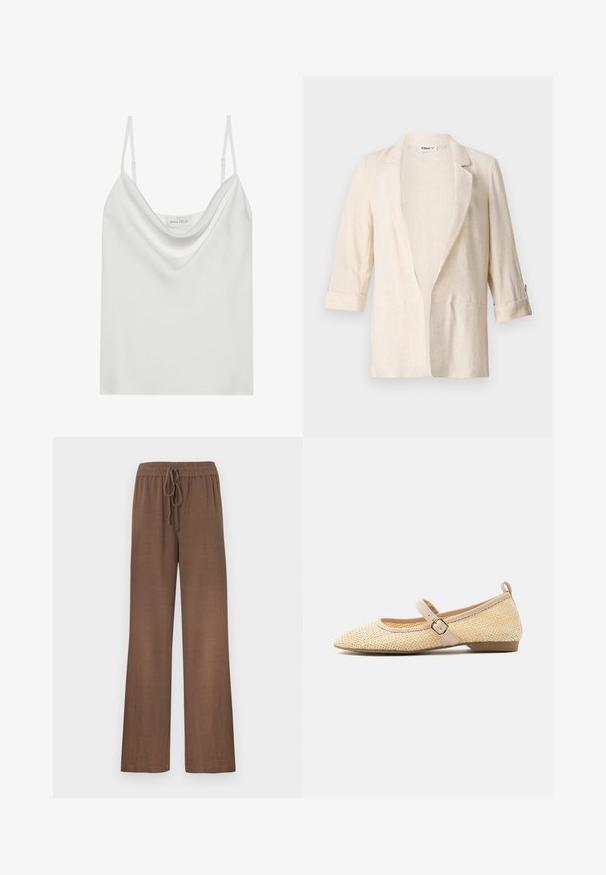 Blazer en lin beige clair avec une coupe décontractée, des revers crantés, des manches trois-quarts et deux poches avant, présentant une finition texturée.; Camisole en satin blanc avec un décolleté drapé, des fines bretelles réglables et une base droite. L'étiquette "ANNA FIELD" est visible à l'intérieur.; Pantalon en lin léger marron avec une coupe décontractée, doté d'une taille à cordon de serrage et de jambes larges. Texture lisse, sans motifs ni accents visibles.; Chaussure plate Mary Jane tissée beige avec bout pointu et bride à boucle réglable sur fond neutre.