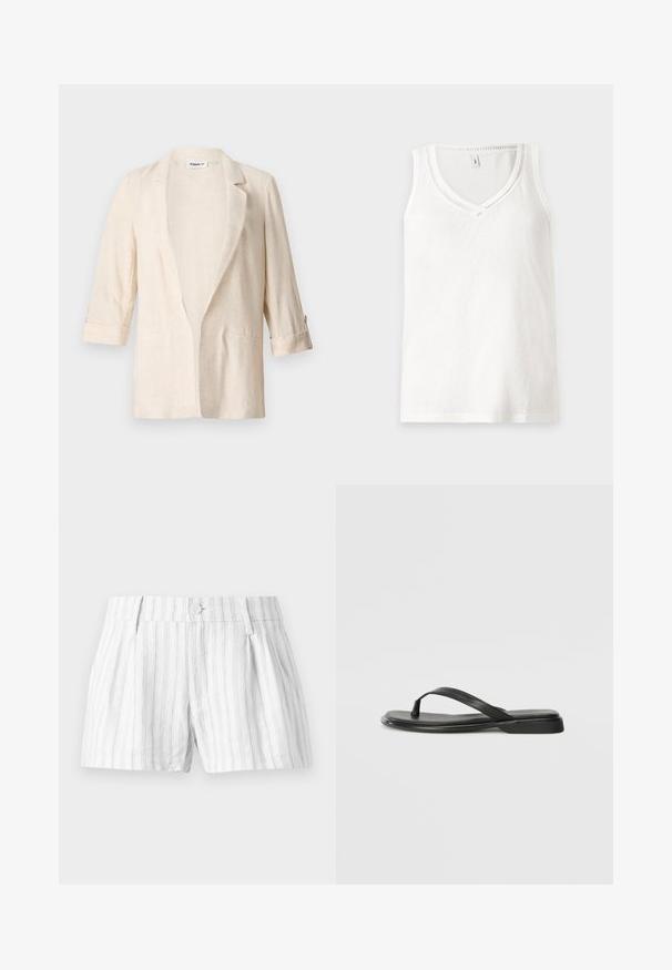 Lichtbeige linnen blazer met een relaxte pasvorm, met notch-kleppen, driekwartmouwen en twee voorzakken, met een gestructureerde afwerking.; Witte tanktop zonder mouwen met een V-hals, gemaakt van zachte stof, met subtiele ribbelstructuren langs de halslijn en zoom.; Witte katoenen shorts met lichtgrijze verticale strepen, voorzien van een knoopsluiting, plooien en zijzakken. Eenvoudig en casual ontwerp.; Zwarte teenflip-flop van glad leer, met een dunne band en een platte zool met een minimalistisch profiel. Geen opvallende patronen of accenten.