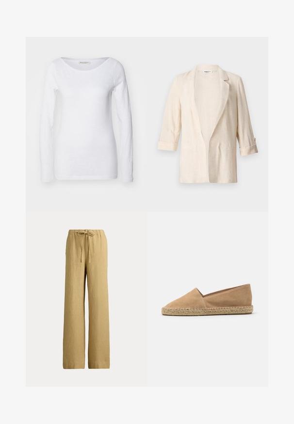 Lichtbeige linnen blazer met een relaxte pasvorm, met notch-kleppen, driekwartmouwen en twee voorzakken, met een gestructureerde afwerking.; Witte longsleeve top met een ronde hals. Gemaakt van zachte, gestructureerde stof. Heeft een relaxte pasvorm en naadloze manchetten.; Beige linnen wijde broek met een elastische tailleband en een trekkoordje aan de voorkant.; Beige suède espadrille met een ronde neus, een jute touw tussenzool en een gladde textuur. Minimalistisch ontwerp, zonder zichtbare patronen of versieringen.