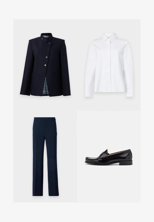Blazer marine en mélange de laine, avec un col haut, une fermeture à cinq boutons et deux poches avant. Doublé d'un tissu à motif.; CLOSED CLASSIC SHIRT WITH STRAP DETAIL - Chemisier - white; Pantalons bleu marine en tissu lisse, présentant un design à jambe droite avec des plis avant et des poches latérales pour une allure soignée.; Mocassin en cuir noir avec une finition brillante, présentant des franges à l'avant et un petit talon empilé.