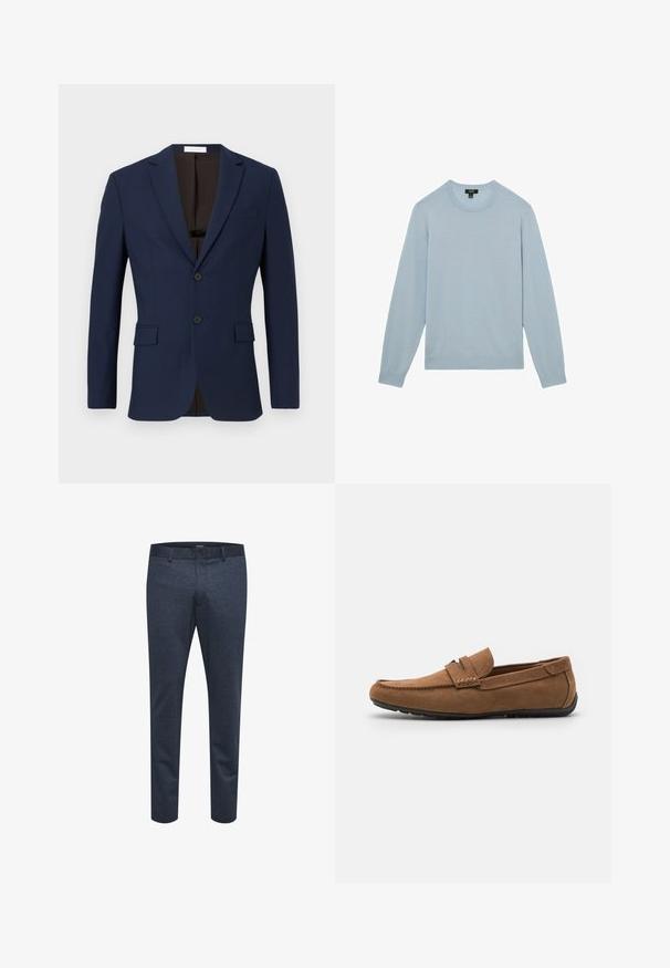 Námornícky modrý blazer vyrobený z textúrovanej látky, ktorý má dve predné vrecká, dva čierne gombíky a hnedé vnútorné podšívku.; Reiss REGULAR FIT - WESSEX CREW NECK - Svetrík - soft blue; Námornícke modré nohavice vyrobené z textúrovaného materiálu so slim fit strihom, s gombíkovým uzáverom a pútkami na opasok, vhodné na bežné aj formálne nosenie.; Hnedé semišové loafers s flexibilnou čiernou gumovou podrážkou, prešívaním na hornej časti a klasickým nazúvacím dizajnom.