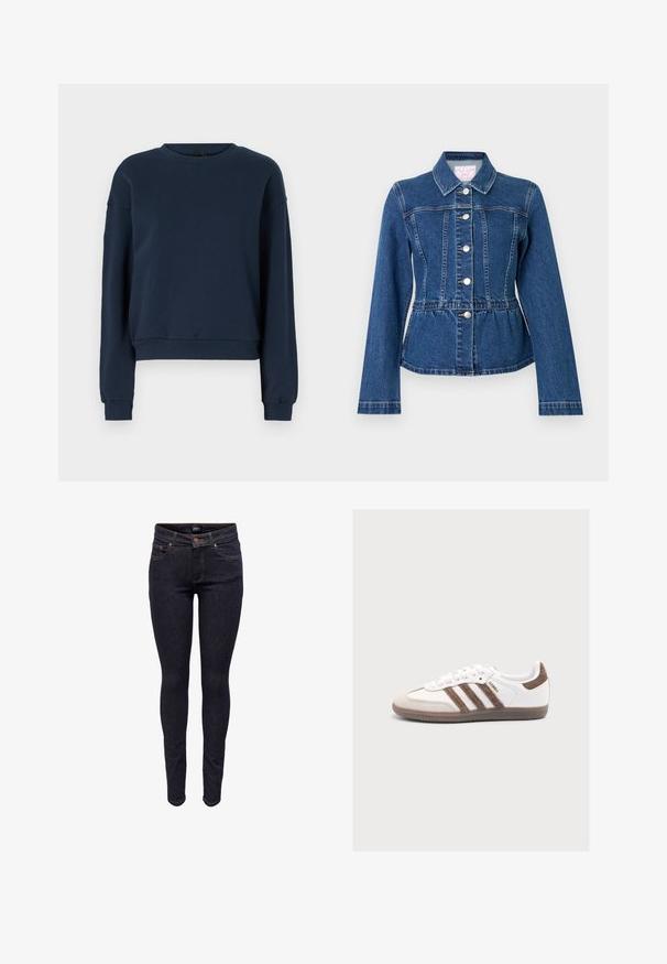Veste en denim bleu foncé avec une taille cintrée, des manches longues, un col pointu et quatre boutons métalliques sur le devant. Présente des coutures horizontales.; Sweatshirt bleu marine en tissu doux, avec un col rond, des manches longues et des poignets et un ourlet côtelés. Design simple sans embellissements.; Jean denim slim fit bleu foncé avec bouton frontal et poches, coutures visibles, et étiquette de marque sur la ceinture.; Baskets blanches Adidas Samba avec des bandes en daim marron, un patch marron au talon, un bout beige et une semelle en caoutchouc translucide, vues de côté.