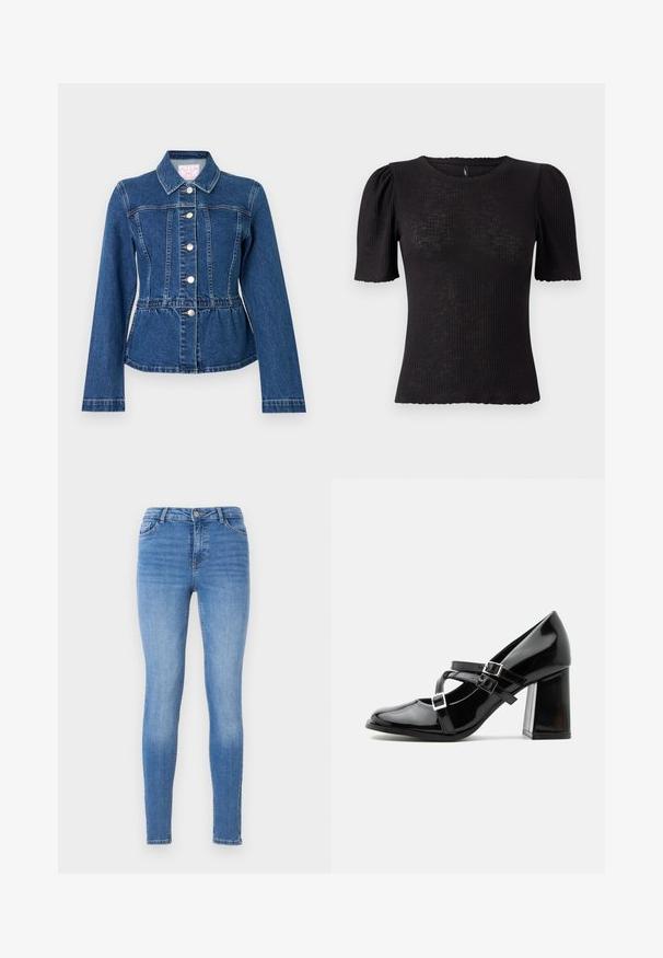 Veste en denim bleu foncé avec une taille cintrée, des manches longues, un col pointu et quatre boutons métalliques sur le devant. Présente des coutures horizontales.; Haut noir côtelé avec manches courtes bouffantes, encolure arrondie, tissu texturé et bord festonné aux ouvertures des manches.; Jean skinny en denim bleu clair, avec une taille mi-haute, un design à cinq poches et une couture ton sur ton, le tout avec une texture lisse.; Chaussure à talon haut style Mary Jane noire brillante avec trois brides à boucle et un talon bloc épais, vue de profil sur fond blanc.