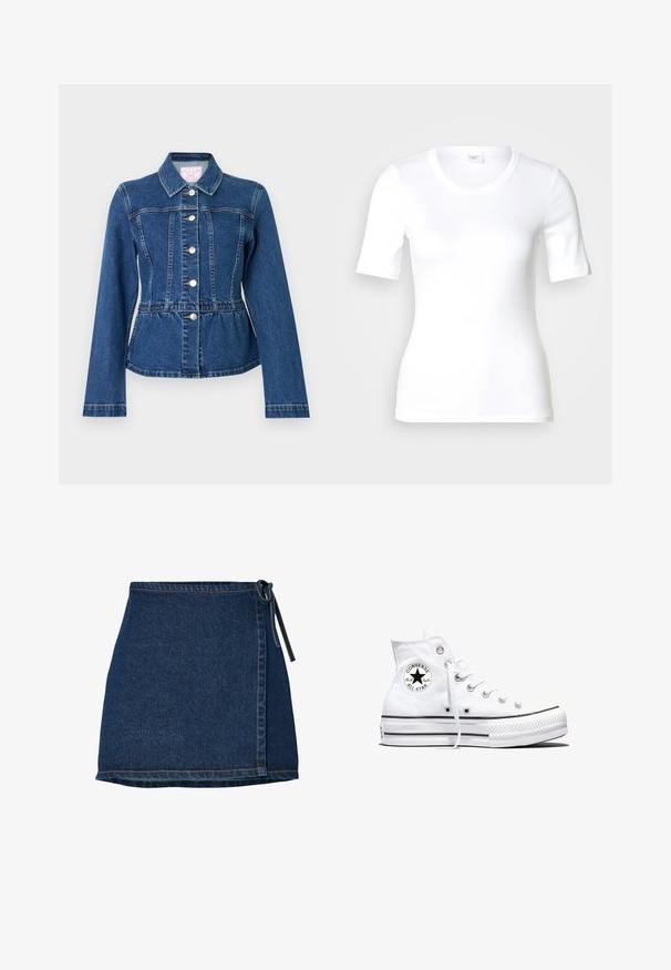 Chaqueta vaquera azul oscuro con cintura entallada, mangas largas, cuello puntiagudo y cuatro botones metálicos en la parte delantera. Presenta costuras horizontales.; Camiseta blanca de manga corta hecha de algodón liso, con escote redondo y forma ajustada. Diseño clásico, sin estampados ni adornos.; Falda de mezclilla con diseño envolvente, de color azul oscuro y cinturilla anudada. Presenta detalles de costura a lo largo del dobladillo y la costura lateral.; Zapatilla blanca de caña alta Converse Chuck Taylor All Star con parche de logo negro y cordones blancos, presentada sobre fondo blanco.