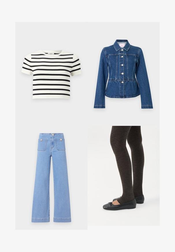 Mørkeblå denimjakke med taljeret pasform, lange ærmer, spids krave og fire metalknapper foran. Har vandrette syninger.; Hvid kortærmet cropped top med vandrette sorte striber og rund halsudskæring.; Lysblå vide jeans med høj talje, to baglommer og guldtonede knapper. Lavet af denim med en glat overflade og rent finish.; Ben iført mørke ribbede leggings kombineret med sorte balletsko med små sløjfedetaljer på hvid baggrund.