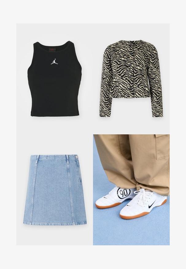 Kort jack met zebrapatroon in crème en zwart, voorzien van vier knopen aan de voorkant, lange mouwen en een zachte, gestructureerde stof.; Zwarte, op maat gemaakte tanktop van katoen, met een ronde halslijn en een wit Jordan-logo dat op het midden van de voorkant is gestikt. Soepele textuur.; Lichtblauwe spijkerrok met een rechte snit, zichtbare stikseldetails en een zijzak. Het materiaal is gestructureerd met een zachte afwerking.; Witte sportschoenen met een gequilt ontwerp, zwarte Nike swoosh en een opvallende zwarte "90" grafiek op de zijkant, gecombineerd met khaki broek.