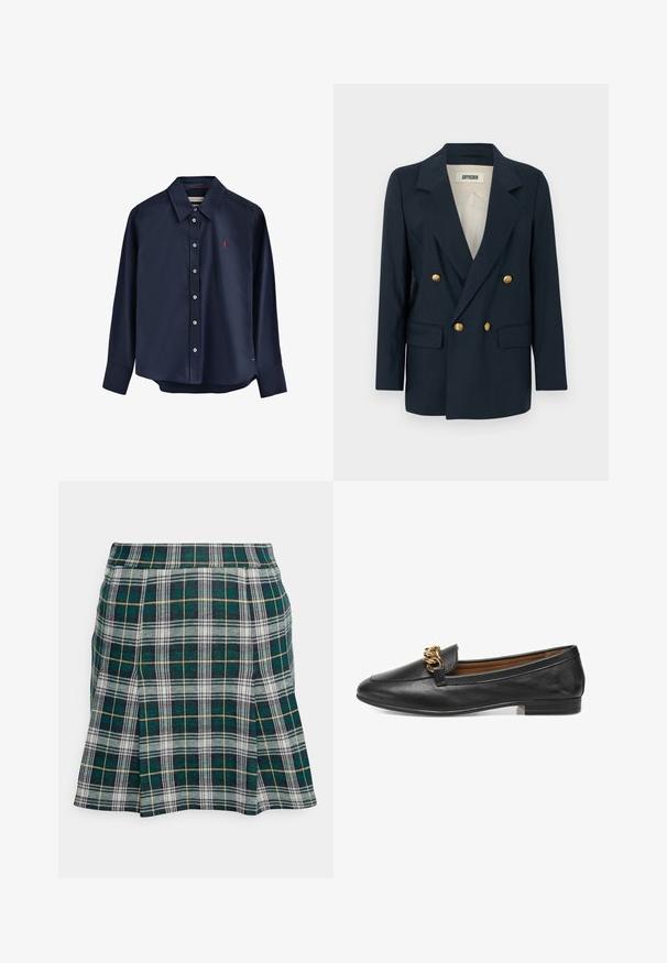 Marineblauwe dubbelgeknoopte blazer met gouden knopen, met inkepingen in de revers en twee voorzakken. Soepele stof met een gestructureerde pasvorm.; Marineblauw overhemd met lange mouwen, gemaakt van gladde stof. Heeft een puntige kraag, knoopsluiting en een klein rood logo op de borst.; Hollister Co. PLEATED MINI SKIRT - Minirok - green; Zwarte leren instapper met een platte zool, voorzien van een decoratieve gouden kettingaccent op de bovenkant. Gladde textuur met een slank, gestroomlijnd ontwerp.