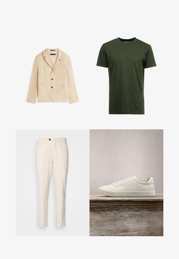 Beiger Herrenblazer mit Kerbkragen, zwei schwarzen Knöpfen, drei Fronttaschen und langen Ärmeln, flach auf weißem Hintergrund liegend.; Dunkelolivgrünes T-Shirt aus weichem Baumwollmaterial. Verfügt über einen klassischen Rundhalsausschnitt und kurze Ärmel mit dezenten Nähdetails.; Beige maßgeschneiderte Hosen mit flacher Vorderseite, Ein-Knopf-Verschluss und zwei schrägen Seitentaschen. Glattes Material mit schmaler Passform und spitz zulaufendem Bein.; Weiße Schnürsneaker, die über einer Holzbank mit grünem Laub im Hintergrund schweben und das Schuhdesign sowie die Textur zeigen.