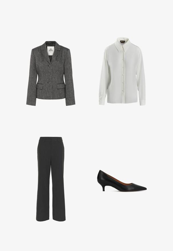 Blazer gris con una tela texturizada, cierre de un botón, ajuste entallado, solapas con muesca y dos bolsillos frontales. Interior forrado.; Luisa Spagnoli LIMONAIA - Blusa - panna; Pantalones de pierna ancha en gris oscuro con una tela texturizada, que cuentan con un frente plano, presillas para cinturón y un dobladillo limpio, adecuados para vestir formal o casual.; Zapato de salón negro de cuero con punta afilada, tacón bajo tipo «kitten heel» y acabado liso, mostrado de perfil.