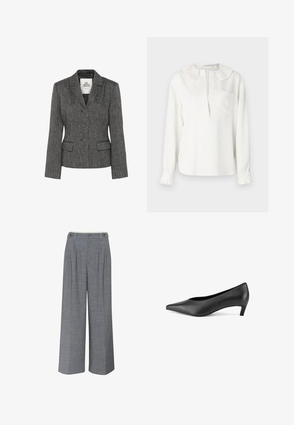Blazer gris con una tela texturizada, cierre de un botón, ajuste entallado, solapas con muesca y dos bolsillos frontales. Interior forrado.; Blusa blanca de manga larga con cuello plisado, tapeta delantera y un único bolsillo en el pecho. Presenta puños fruncidos con detalles plisados.; Pantalones de pierna ancha gris, confeccionados en un tejido texturizado, con un cierre de doble botón y pliegues frontales que añaden un detalle de diseño adicional.; Zapato de tacón bajo de piel negra con punta afilada, textura suave, brillo sutil y un diseño minimalista. Silueta elegante y acentos mínimos.