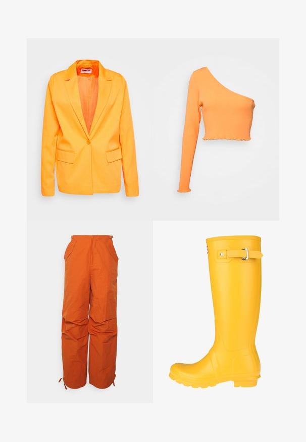 Noisy May NMTHEA - Blazer - vibrant orange; Monki Langærmet T-shirt - orange; WRSTBHVR ZERA PANTS EXCLUSIVE WOMEN - Bukser - brown; Gul gummistøvle med en glat overflade, justerbar spænde, og tekstureret sål for bedre greb. Høj design, rund tå, og sømløs krop.