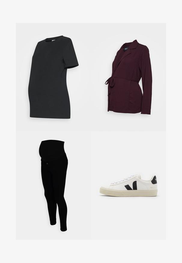 Zwangere blazer in diep bordeauxrood. Gemaakt van textuurstof, met een getailleerde kraag, lange mouwen en een strikceintuur voor een verstelbare pasvorm.; Zwarte zwangerschap t-shirt gemaakt van zacht katoen. Korte mouwen, ronde hals en een getailleerd ontwerp om een groeiende buik te accommodate.; Zwarte zwangerschapsjeans hebben een rekbare zwangerschapsband over de buik, een slim fit en een standaard vijf-pocket ontwerp. Ze hebben een gladde textuur en minimale details.; Witte leren sneaker met zwart rubberen V-logo. Getextureerde off-white zool, witte veters en een achterkant met een detail van de merknaam in het zwart.