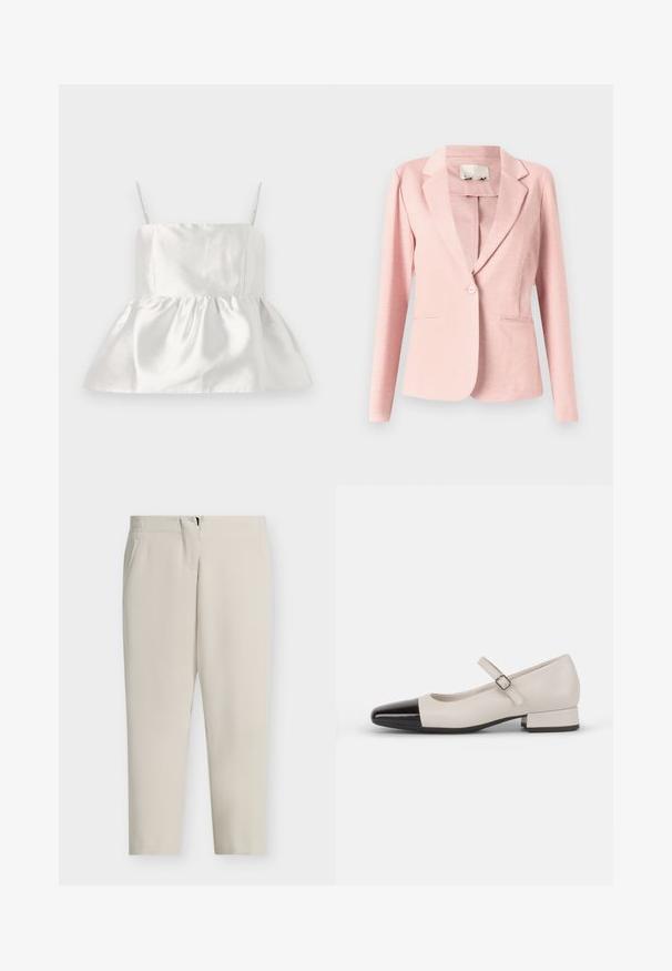 Blazer rosa claro hecho de una tela suave, con solapas de muesca, cierre de un botón y dos bolsillos frontales. Diseño de corte entallado.; Top de satén blanco con tirantes finos y un corsé ajustado que se ensancha en un dobladillo de peplum fruncido, textura suave con un ligero brillo.; Pantalones beige a medida con pierna recta, bolsillos laterales y cierre frontal con cremallera. Tejido liso con un diseño limpio y minimalista.; Zapato estilo Mary Jane en cuero crema con puntera de charol negro. Presenta una punta redonda, tirante en el tobillo con una hebilla cuadrada y un tacón bajo y cuadrado.