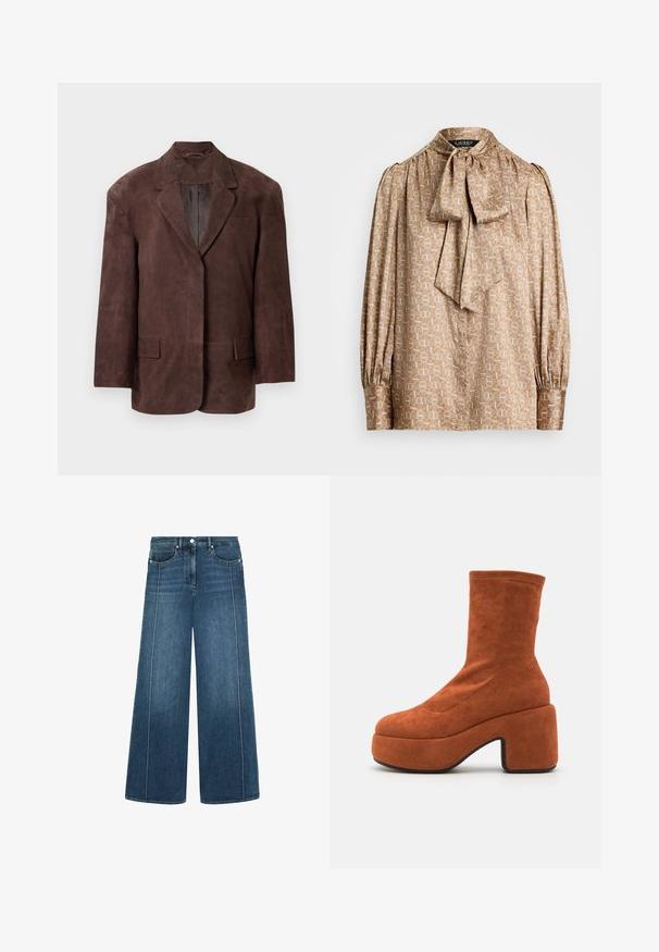 Mørkebrun ruskindsblazer med slidser, to forreste klaplommer og en brystlomme, præsenteret mod en hvid baggrund.; Bluse i lyse beige stof med geometrisk mønster i creme og guld. Har en sløjfekrave og samlede lange ærmer.; Bredde ben jeans i mørkeblå denim med kontrasterende hvid sying, fem-lomme design og en knaplukning i taljen.; Brune ruskind ankelstøvler med blokhæl og platformssål. Overdelen har en glat tekstur og syninger, der strækker sig til midten af læggen.