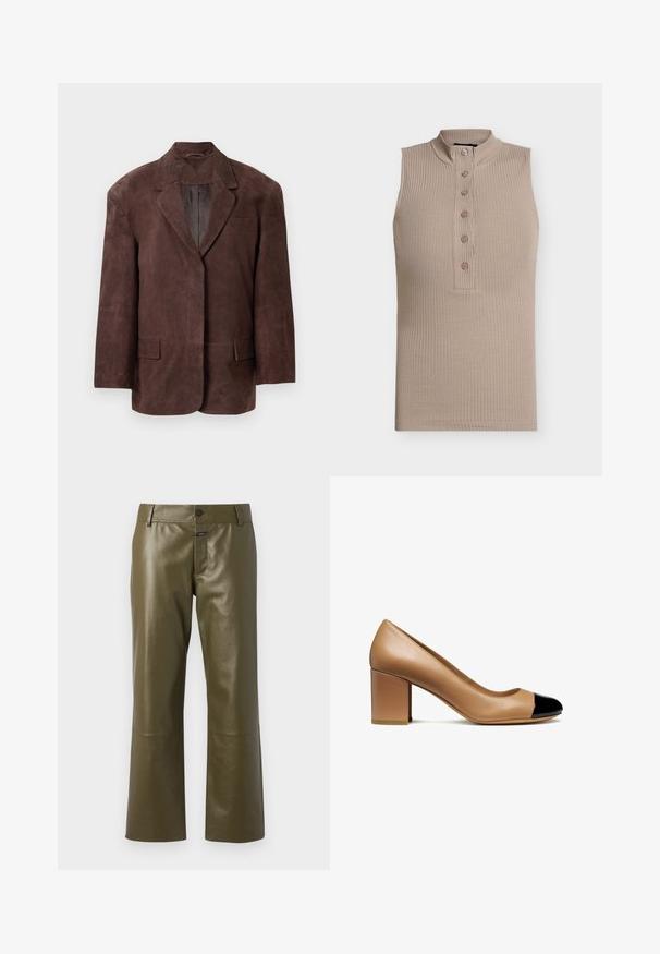 Blazer de ante marrón oscuro con solapas de muesca, dos bolsillos frontales con tapa y un bolsillo de pecho, presentado sobre un fondo blanco.; Top sin mangas beige con cuello alto, textura acanalada y una tapeta con seis botones en el frente. Diseño sencillo y forma ajustada.; CLOSED SERANDON - Pantalón de cuero - marsh green; Zapato de tacón de cuero beige con punta redondeada y una capa de charol negro, que cuenta con un tacón cuadrado y una textura suave.