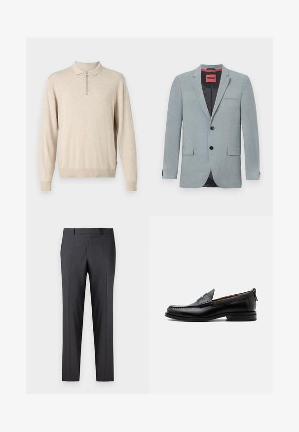 Lys grå blazer lavet af tekstureret stof, med sort for, to forlommer, notch-lapper og sorte knapper. Rød label indeni.; Beige langermet pullover med krave og lynlås. Lavet af blødt materiale med ribbede manchetter og kant.; Skræddersyede mørkegrå bukser i et glat, tekstureret stof; har flad front og lige ben; minimalistisk design uden synlige detaljer.; Sort læder herre loafer med moc-tå syning, penny strop, struktureret krave og lav stablet hæl på hvid baggrund.