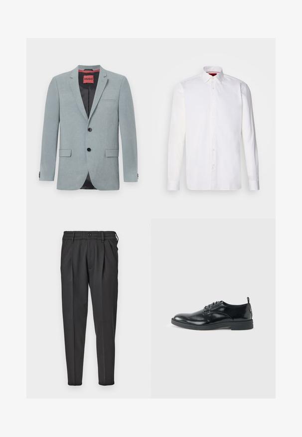 Lys grå blazer lavet af tekstureret stof, med sort for, to forlommer, notch-lapper og sorte knapper. Rød label indeni.; Hvid langærmet skjorte lavet af bomuld, med en klassisk krave, frontplacket med knapper og en glat tekstur. Rød detalje på den indre krave.; Sorte bukser lavet af glat stof, med plisseret front, elastisk talje og lige ben med en indsnævret bund.; Blank sort læder dresssko med lav hæl, snørelukning og rund tå, vist fra siden på ensfarvet lys baggrund.