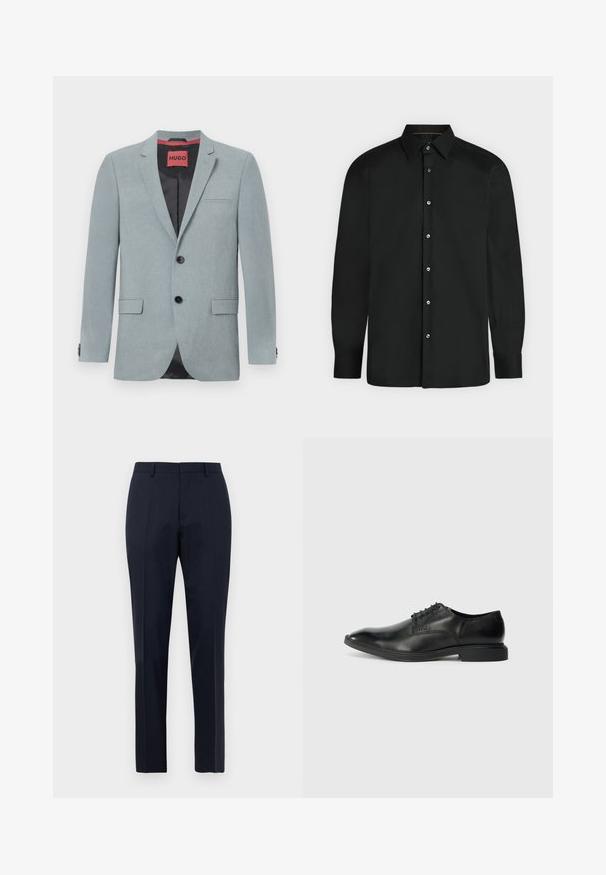 Svetlošedý blazer z textilného materiálu, so čiernou podšívkou, dvoma prednými vreckami, zárezovým klopom a čiernymi gombíkmi. Červená nášivka vo vnútri.; Čierna košeľa s dlhým rukávom na gombíky, s bodcovým golierom a gombíkovými manžetami, zobrazená na svetlom jednofarebnom pozadí.; Námorníckomodré pánske nohavice s jemným károvaným vzorom, s pútkami na opasok a predným záhybom, zobrazené spredu na bielom pozadí.; Čierne kožené šaty s hladkou textúrou, špicatou špičkou, šesť očkami na šnurovanie a nízkym obdĺžnikovým podpätkom. Diskrétny branding na boku.