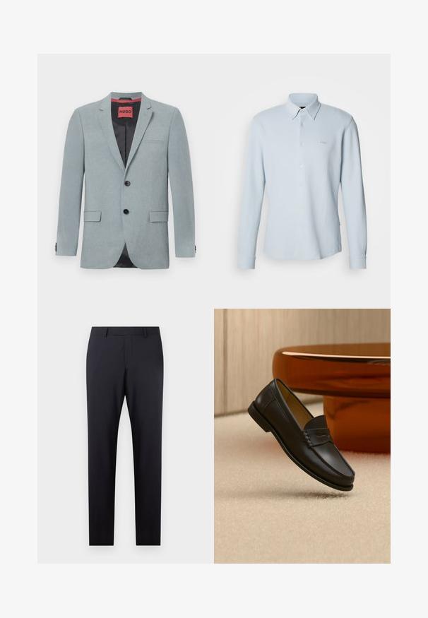 Svetlošedý blazer z textilného materiálu, so čiernou podšívkou, dvoma prednými vreckami, zárezovým klopom a čiernymi gombíkmi. Červená nášivka vo vnútri.; Svetlomodrá košeľa na zapínanie na gombíky s dlhými rukávmi. Vyrobená z textúrovaného materiálu s klasickým golierom, disponuje jemným logom na hrudi a manžetami na gombíky.; Tmavomodré priliehajúce nohavice so plochým predným dielom, úzkym strihom, bočnými vreckami a hladkou textúrou; bez viditeľných vzorov alebo ozdôb.; Čierny kožený mokasín zavesený nad béžovým kobercom s moderným nábytkom farby jantáru v pozadí.