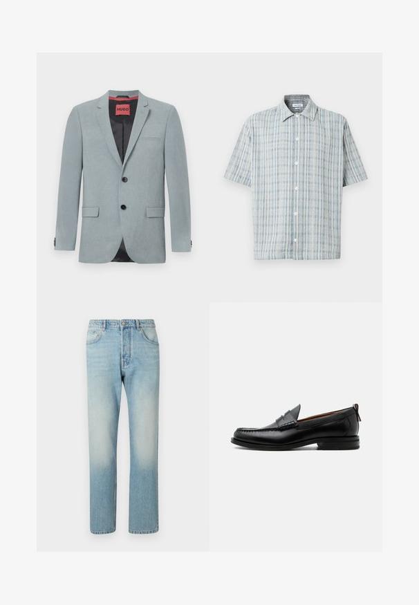Blazer gris clair en tissu texturé, avec une doublure noire, deux poches avant, un col en notch et des boutons noirs. Étiquette rouge à l'intérieur.; Chemise à manches courtes à boutons avec un motif à carreaux bleu et blanc, col évasé et boutons blancs sur le devant.; Jeans bleu clair fabriqués en denim, présentant un design à jambe droite, une structure à cinq poches et un effet délavé au niveau des cuisses.; Mocassin homme en cuir noir avec couture moc toe, bride penny, col texturé et petit talon empilé sur fond blanc.