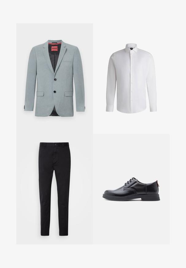 Svetlošedý blazer z textilného materiálu, so čiernou podšívkou, dvoma prednými vreckami, zárezovým klopom a čiernymi gombíkmi. Červená nášivka vo vnútri.; Biela košeľa s dlhým rukávom vyrobená z hladkého bavlneného materiálu, s klasickým golierom, plným gombíkovým zapínaním a gombíkovými manžetami. Minimalistický dizajn.; Čierne chinos nohavice s hladkou textúrou, zapínaním na gombík a zoštíhľujúcim strihom. Ideálne na neformálne alebo polosformálne nosenie.; Čierne kožené šnurovacie topánky s hladkou textúrou, zaoblenou špičkou a jemnými švami. Na päte je červené sťahovacie očko.