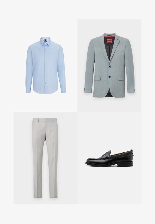 Lys grå blazer lavet af tekstureret stof, med sort for, to forlommer, notch-lapper og sorte knapper. Rød label indeni.; Lys blå, langærmet skjorte med knaplukning og klassisk krave, lavet af glat stof. Har hvide knapper foran og på manchetterne.; Lys grå skræddersyede bukser med en glat tekstur, flad front og to sidelommer. Har lige ben og subtile plissé-detaljer.; Sort læder herre loafer med moc-tå syning, penny strop, struktureret krave og lav stablet hæl på hvid baggrund.