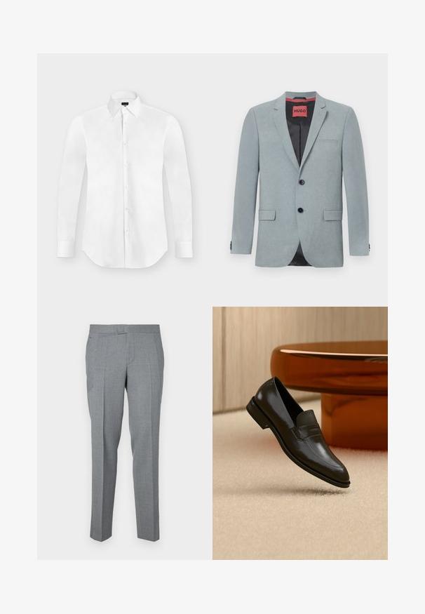 Lys grå blazer lavet af tekstureret stof, med sort for, to forlommer, notch-lapper og sorte knapper. Rød label indeni.; Hvid langærmet skjorte med knapper og spidst krave, lagt fladt på en lysegrå baggrund.; Grå skræddersyede bukser lavet af tekstureret stof, med glat front, bæltesløjfer og to sidelommer. Lige ben design.; Sort læderloafer med et elegant design, der har et struktureret bånd og en glat finish. Placeret mod en blød, lys baggrund.