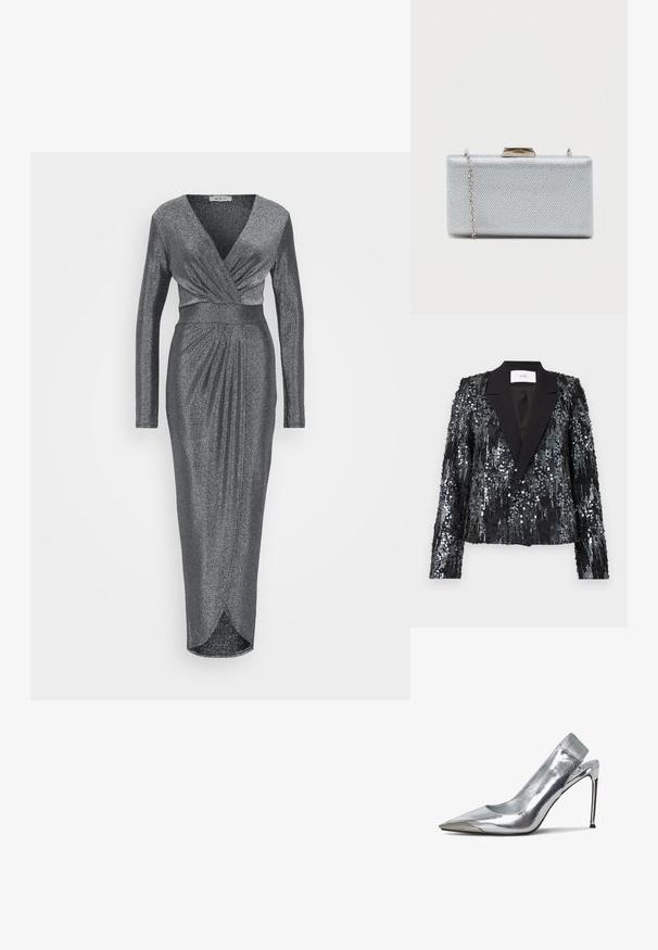 Blazer negro de lentejuelas con una superficie texturizada, que presenta un cuello de pico de satén y un frente de doble botón, con un corte corto y mangas largas.; WAL G TALL LOLA GLITTER WRAP DRESS - Vestido de fiesta - silver; Zapato de tacón alto plateado tipo slingback con punta afilada y acabado metalizado. Presenta un diseño elegante y acentos minimalistas en el tacón.; Clutch rectangular de plata hecha de tejido metálico texturizado, con cierre de broche y correa de cadena desmontable para llevar.