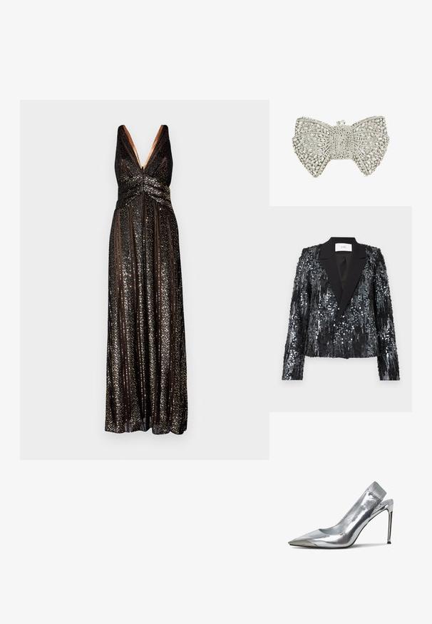 Blazer negro de lentejuelas con una superficie texturizada, que presenta un cuello de pico de satén y un frente de doble botón, con un corte corto y mangas largas.; Halston ESRA STRIPED - Vestido de fiesta - black; Zapato de tacón alto plateado tipo slingback con punta afilada y acabado metalizado. Presenta un diseño elegante y acentos minimalistas en el tacón.; Clutch en tono plata con forma de lazo adornado con strass claros y un cierre de cristal en la parte superior.
