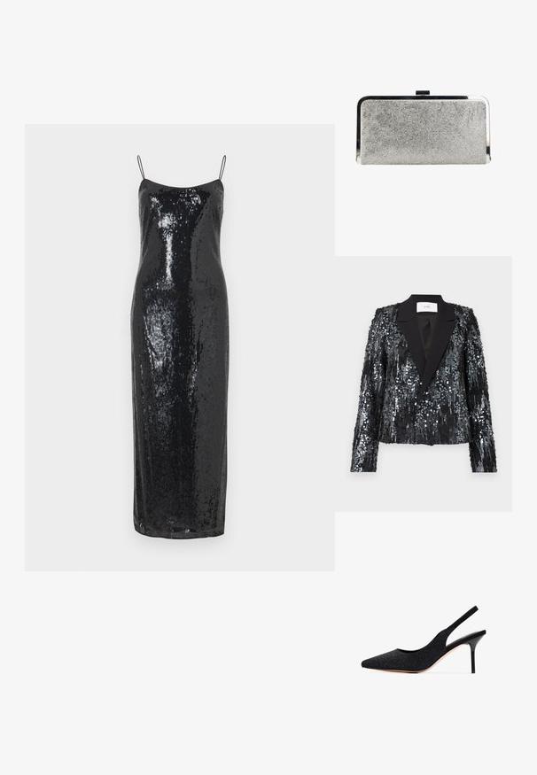 Schwarzer Pailletten-Blazer mit texturierter Oberfläche, ausgestattet mit einem satinartigen Revers und doppelter Knopfleiste, verkürzter Passform und langen Ärmeln.; Schwarzes Paillettenkleid mit figurbetonter Silhouette, Spaghettiträgern und knielang. Glatte Textur mit schimmernden Oberflächendetails.; Schwarze Slingback-Pumps mit spitzer Zehenform, verziert mit Strasssteinen. Sie verfügen über ein elegantes Design, hohe Stiletto-Absätze und ein glattes Innenfutter.; Rechteckige silberne Clutch-Tasche, bedeckt mit kleinen Strasssteinen, mit glänzendem Metallrahmen und Verschluss oben.