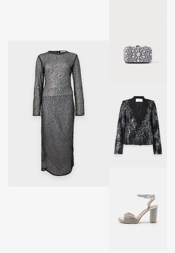 Blazer noir en sequins avec une surface texturée, présentant un revers en satin, un devant à double bouton, une coupe cropped et des manches longues.; Robes noires à manches longues, longue jusqu'au sol, avec un tissu texturé et transparent comportant des sequins dans un motif géométrique et une fermeture éclair au dos.; Sandales à talons hauts en argent avec un bout ouvert, ornées de strass étincelants et d'un large talon bloc. Bride ajustable pour la cheville incluse.; Petit sac pochette rectangulaire gris foncé orné de strass clairs disposés en motif rayonnant, avec une bandoulière chaîne argentée.