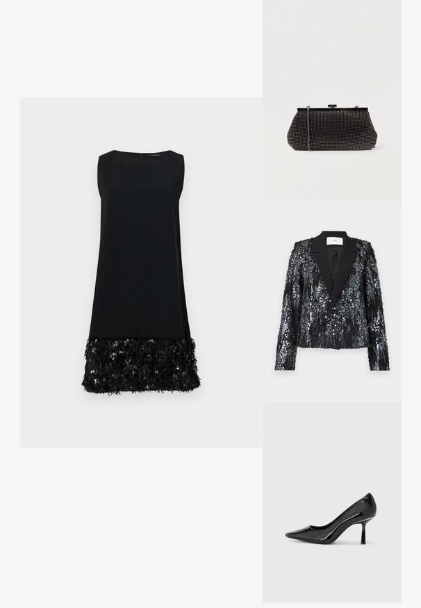 Sort palietjakke med en tekstureret overflade, der har en satin peak lapel og dobbeltknaplukning, cropped pasform og lange ærmer.; Sort ærmeløs kjole med en glat overdel og en tekstureret forskudt nederste kant prydet med pailletter, med en rund halsudskæring og lynlås i ryggen.; Sorte patenterede læderpumper med høje hæle, spids tå, slankt design og slank stilettohæle, som har en glat, blank tekstur.; Sort mesh clutch-taske med en struktureret silhuet, prydet med små metalstuds, har en låsemekanisme og en aftagelig kæderekke.