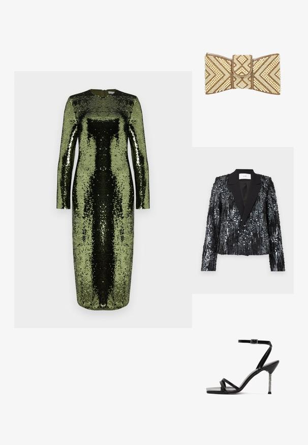 Zwarte sequined blazer met een textuur oppervlak, voorzien van een satijnen pieklapel en dubbele knoopsluiting, cropped pasvorm en lange mouwen.; Langsleevige, vloerlange jurk bedekt met groene en zwarte pailletten. Kenmerkt zich door een ronde halslijn en een ritssluiting aan de achterkant.; Zwarte gepatenteerde leren sandalen met een vierkante neus, meerdere slanke banden en een stiletto hak versierd met strass steentjes. Verstelbare enkelband.; Clutch tas in de vorm van een strik, versierd met gouden kralen en crèmekleurige parels in geometrische patronen op een witte achtergrond.