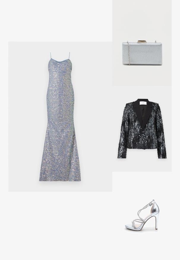 Sort palietjakke med en tekstureret overflade, der har en satin peak lapel og dobbeltknaplukning, cropped pasform og lange ærmer.; Lyseblå aftenkjole med palietter, tætsiddende silhuet, tynde stropper og fishtail nederdel, der har multicolore reflekterende detaljer over det hele.; Sølv højhælede sandal med krydsede stropper, metallisk finish, åben tå og ankelspænde. Glat tekstur med subtil glans.; Rektangulær sølvclutch lavet af struktureret metallisk stof, med en klipslukning og et aftageligt kædetræk til at bære.