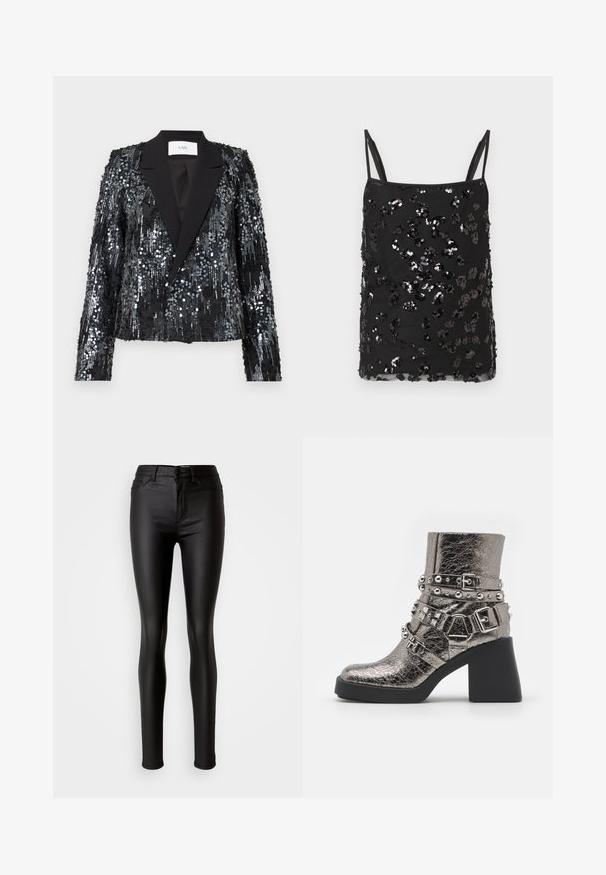 Blazer negro de lentejuelas con una superficie texturizada, que presenta un cuello de pico de satén y un frente de doble botón, con un corte corto y mangas largas.; Top de camisola negro con tirantes finos, adornado con lentejuelas negras y plateadas de diferentes tamaños que forman un patrón disperso sobre la tela.; Jeans skinny de imitación cuero negro con una textura suave, cintura alta, cierre de botón y diseño tradicional de cinco bolsillos.; Botín metálico plateado con múltiples correas negras, tachuelas plateadas y un tacón negro grueso. Superficie texturizada con un acabado brillante.